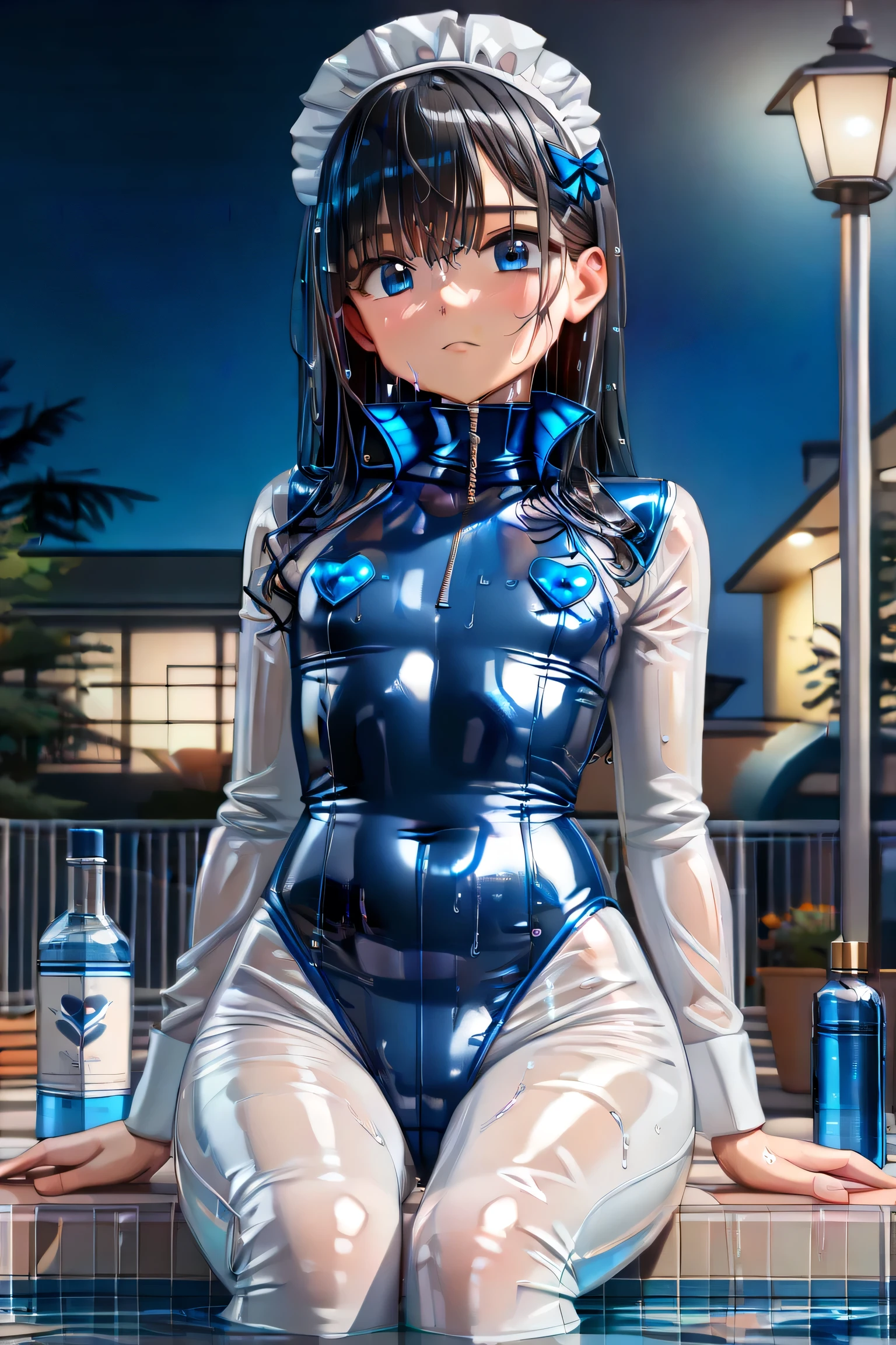 (((Top quality))), (((2D anime style))), dark night, outdoor pool, heavy rain, alone, top front view, (sitting relaxed), ((((no pain at all)))), (perfect fingers), ((((very cute high school girl)))), (beautiful face with fine details), (high resolution human skin texture), (big blue eyes, light in the eyes), top quality, (very wet, shiny, slightly long black hair), raindrops dripping from hair, very wet body, white skin, (small chest), ((((fitted, shiny, blue, patent leather high collar inner)))), (( ((Fitted, blue patent leather bottle neck swimsuit)))), (((Very shiny, fitted, sheer, blue patent leather catsuit))), ((Very shiny, skin-tight, blue heart nipple covers)), ((Sheer, all white, very shiny, fitted, patent leather bottle neck bodysuit)), (Top quality), ((All white, very shiny, sheer patent leather white maid's cap & white bodysuit)), (Very shiny, white leggings), Very strong light source from below,