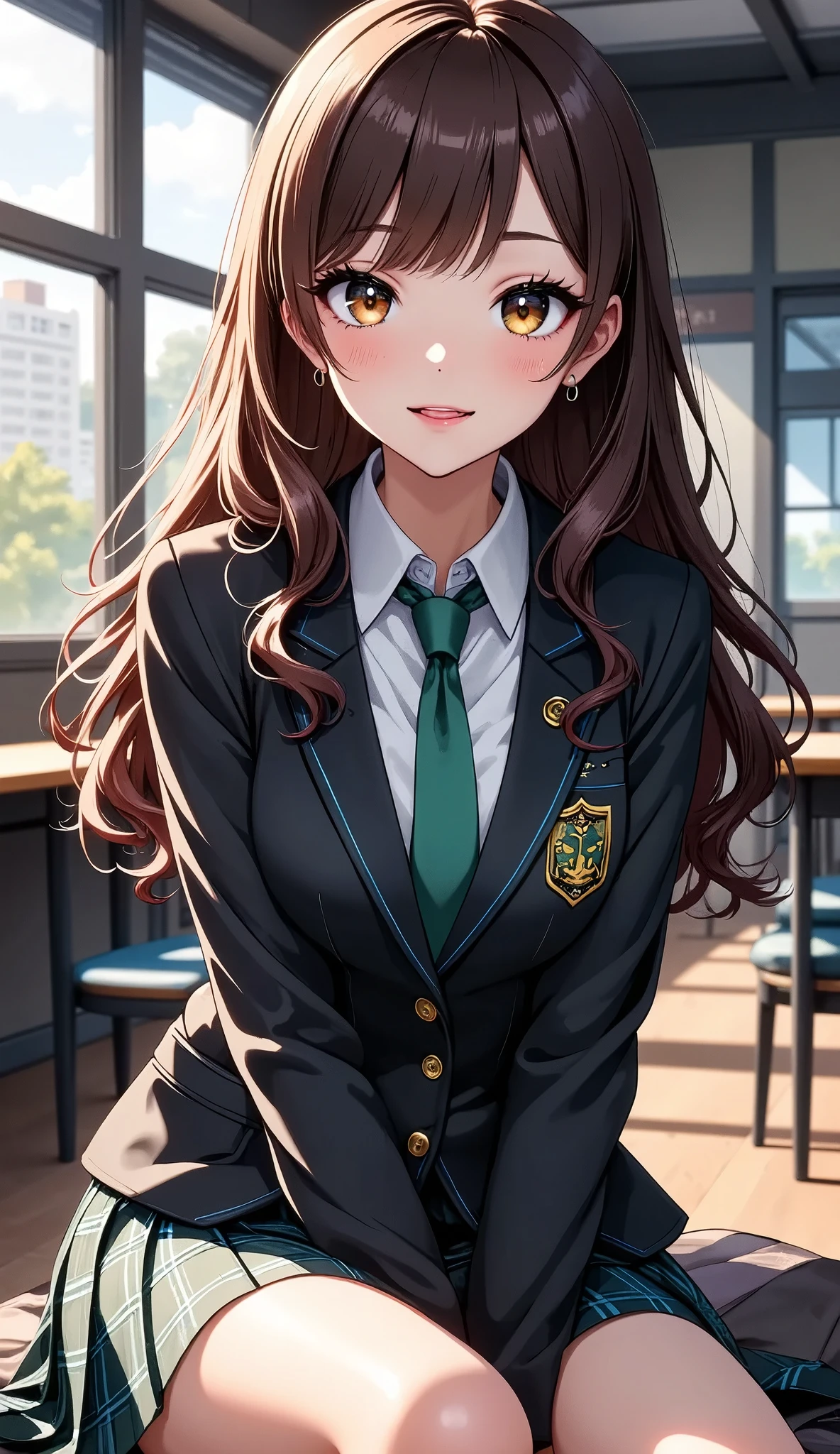  Women with Impressive Beautiful Eyes :1.2,  beautiful eye for detail, Beautiful Detailed Lips ,  highly detailed eyes and faces,  long eyelashes ,  1 girl, ((uniform, blazers, Green tie,  Plaid Pleated Skirt,  black tights)),  Elegant Poses ,  sitting, Cute, Anime aesthetics,  cinematic lighting ,  bright colors ,  dramatic composition,  soft focus, (Best Quality, 4K, 8k,  Hi-Res, Masterpiece 1. 2), Ultra fine, ( real,  photorealistic,  photorealism:1.37),  precise details , Delicate features, Natural lighting, Dreamy, Whimsical,  Magical Realism .