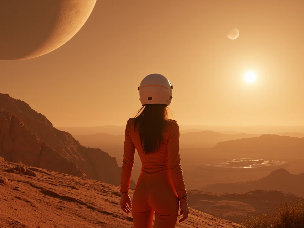 Create a cinematic image in 16:9 format of the landscape of the planet Mars. At the top, a Martian landscape with a satellite in the sky, with rings around it and a smaller moon visible. The sun is setting or rising, creating a bright light effect on the horizon. On the ground, there is a structure of a base or space station. Below, a young woman facing the viewer, dressed in a helmet and space suit that highlights her feminine form, contemplates the landscape