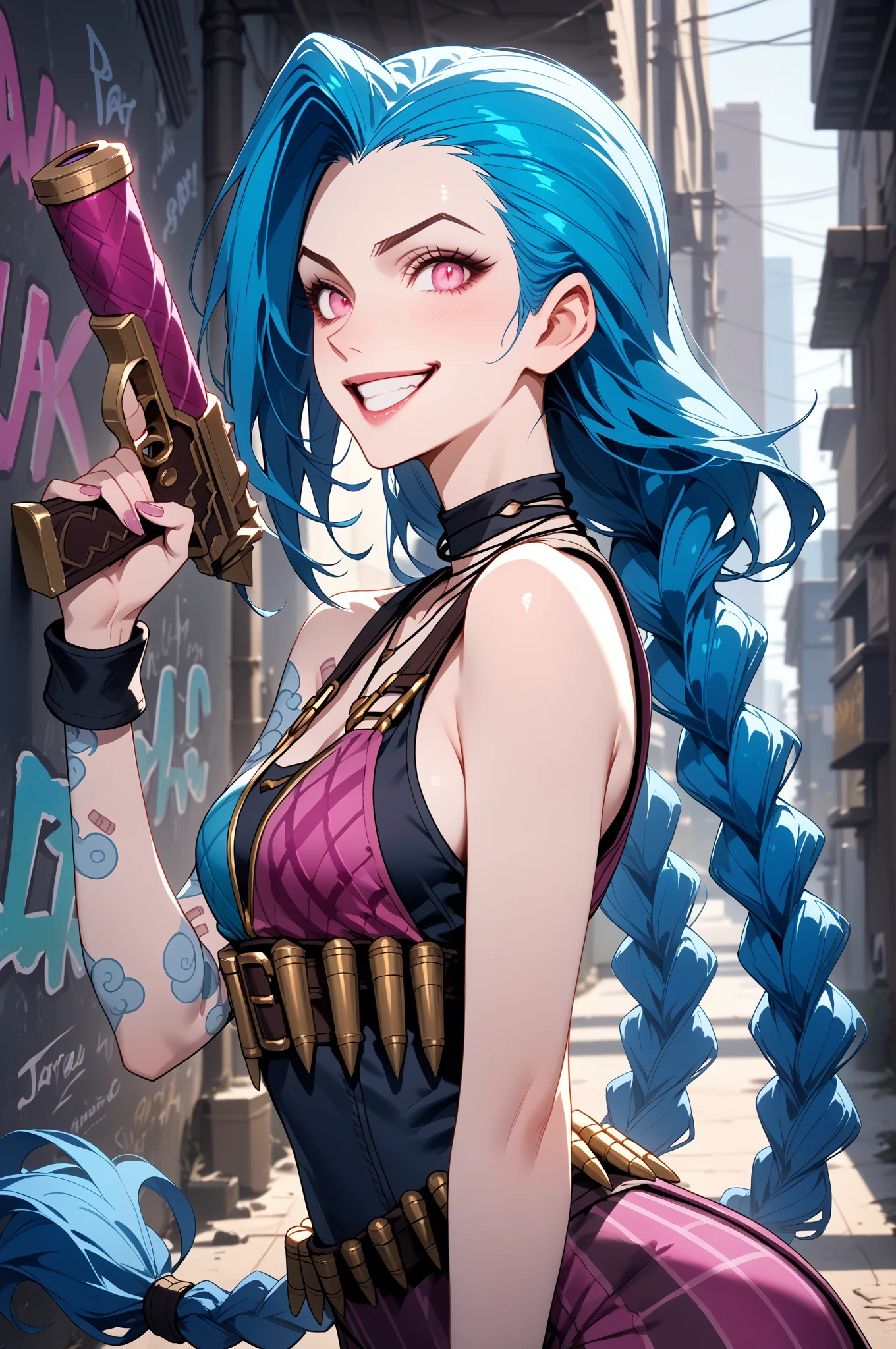 score_9, score_8_up, score_7_up, score_6_up, source_anime, score_anime, SFW, rating_safe, jinx_(league_of_legends), league_of_legends, 1girl, blue_hair, pink_eyes, perfect face, expressive face, expressive eyes, perfect eyes, (perfect anatomy), (perfect hands), solo, female focus, , fair skin, , eyebrows visible through hair, blue hair, braided hair, (eyelid:0.0), (perfect eyelid), beautiful eyebrow, (eyelashes:0.4),  parted mouth, smile, teeth, excited expression, medium breasts, dynamic pose, looking at viewer, standing, hand up, holding weapon, holding gun,  half body, close up, view from side, outdoor, in the alley, graffiti, graffiti on the walls,