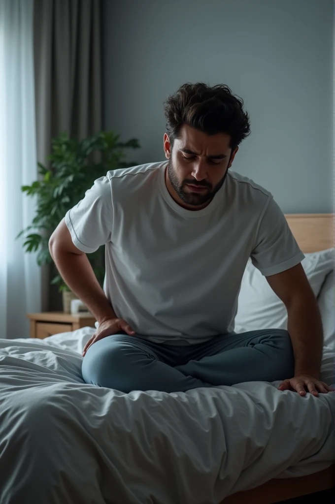 man having an anxiety attack, eyes closed, crying, disheveled hair, high quality, photorealistic, 8k, high definition, wearing nightwear, in bedroom --auto --s2