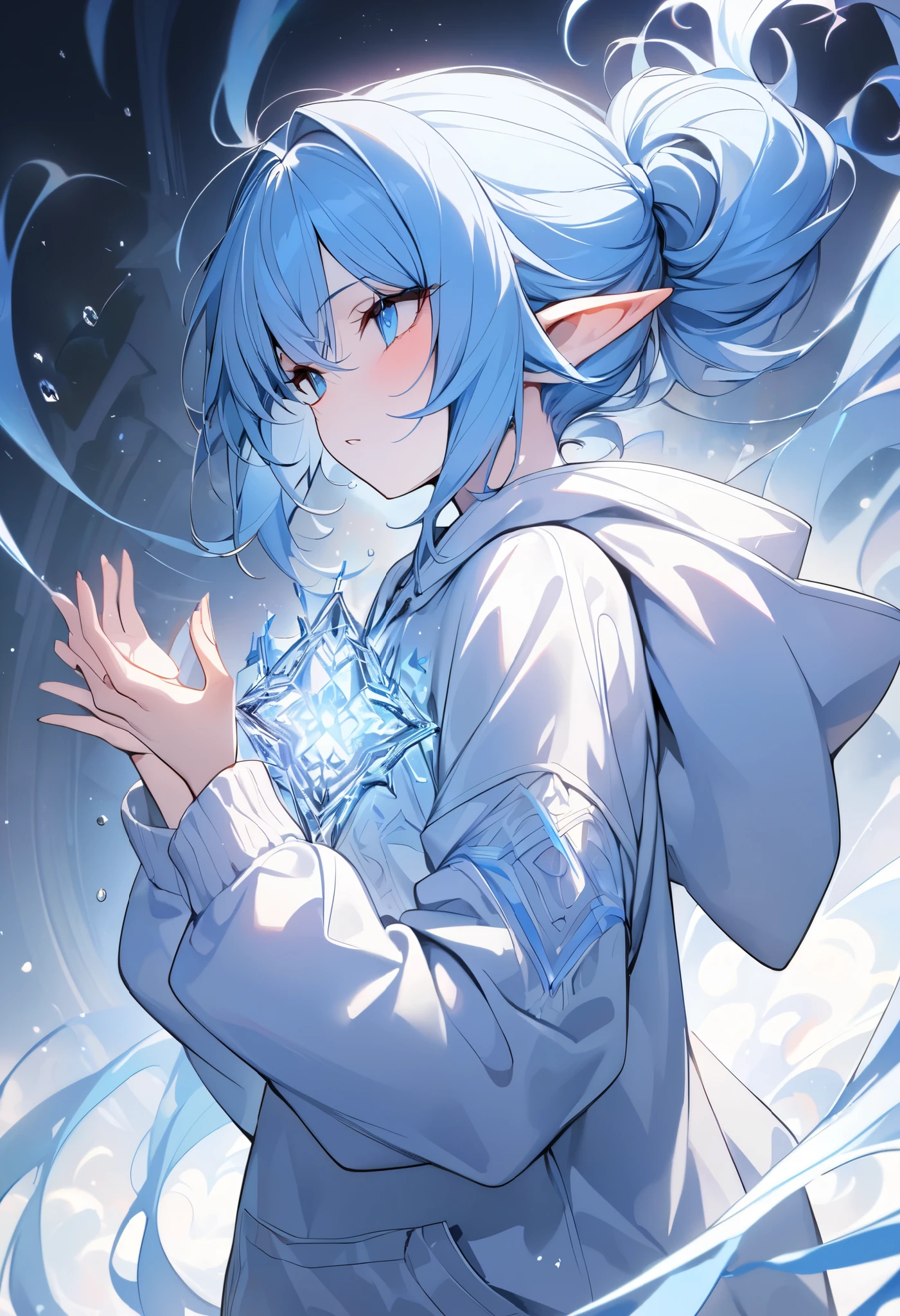 (((Best quality, 8k, Masterpiece: 1.3)), ((best quality)), ((masterpiece)), (detailed), perfect face, perfect body, (detailed skin:1.3), (intricate details), Psychic powers, psychokinesis, pale light, blue hair, hoodie, combed back hair, elf, pointy ears, modern