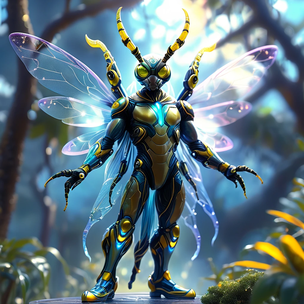 a fusion of a man with a wasp, with shiny transparent wings, hanatomic body, imposing possession, with a background of a large comical tree