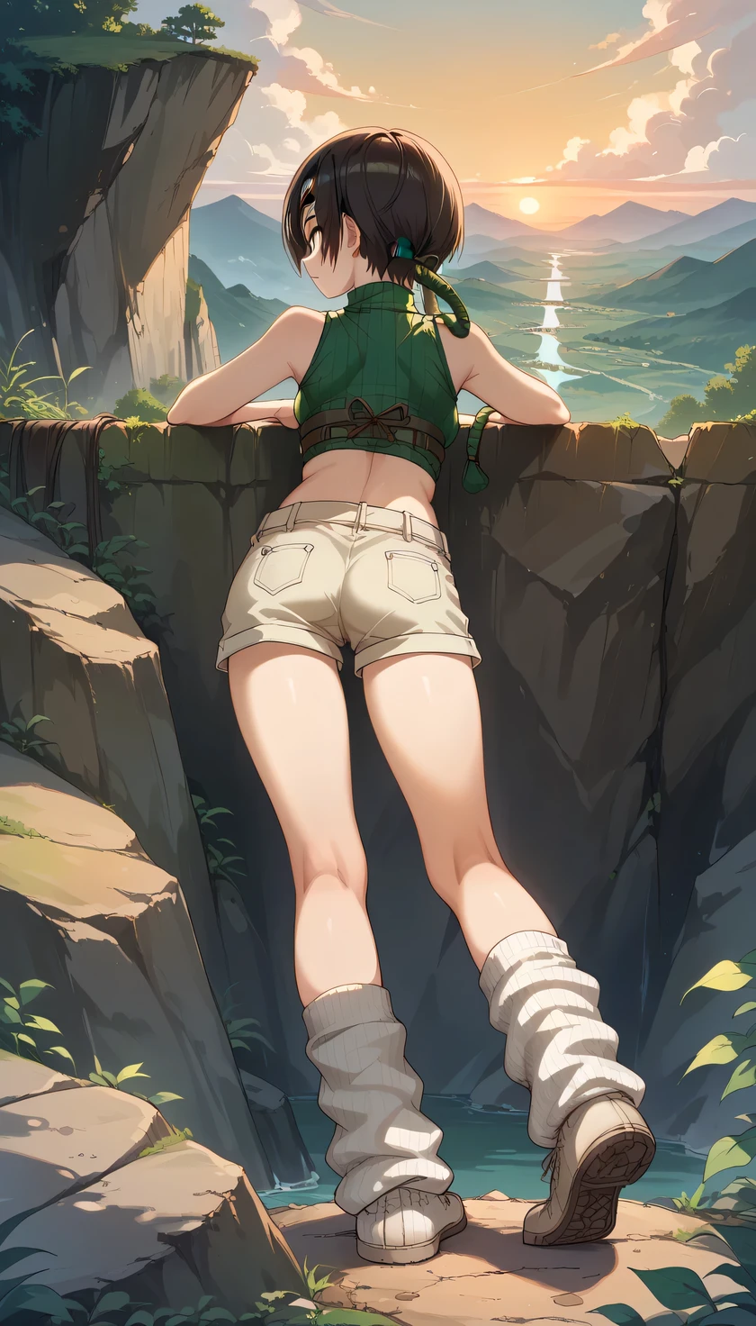 high resolution, RAW, sunset、1girl, the girl is young, short, the girl has slender body, (the girl is cute), dark brown hair, straight short Hair, (Yuffie=Kisaragi),  green cropped fitted turtleneck knit sleeveless shirt、Beige shorts、 white loose socks、Shoulder rest、A giant jushuriken 、( is standing on a rock on a cliff ),  There is a five-story pagoda under the cliff , (Rear view), Thighs、Perfect Arms、Perfect Legs、