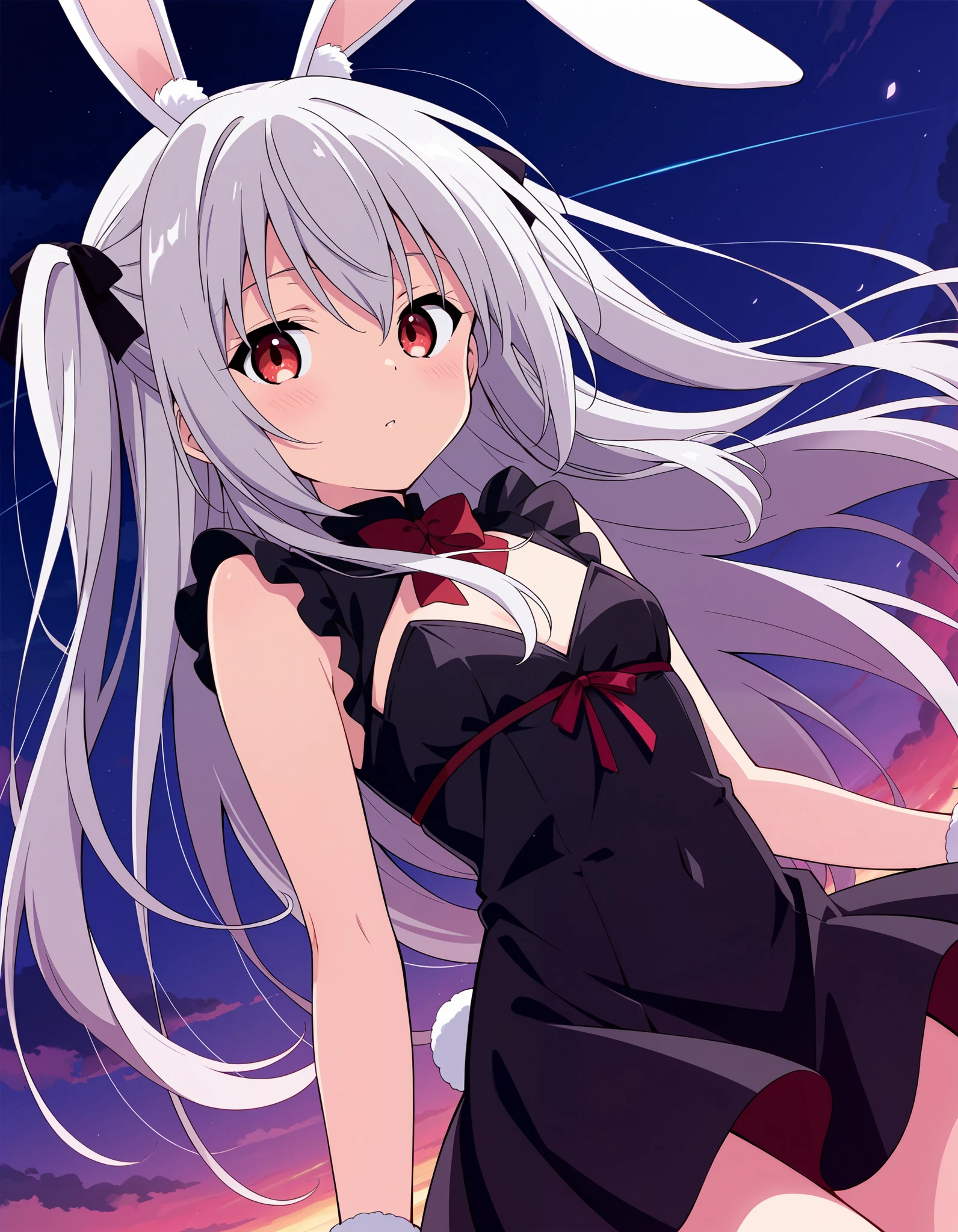 score_9,score_8_up,score_7_up, source_anime, solo, 1girl, silver hair, rabbit ears, red eyes, black dress