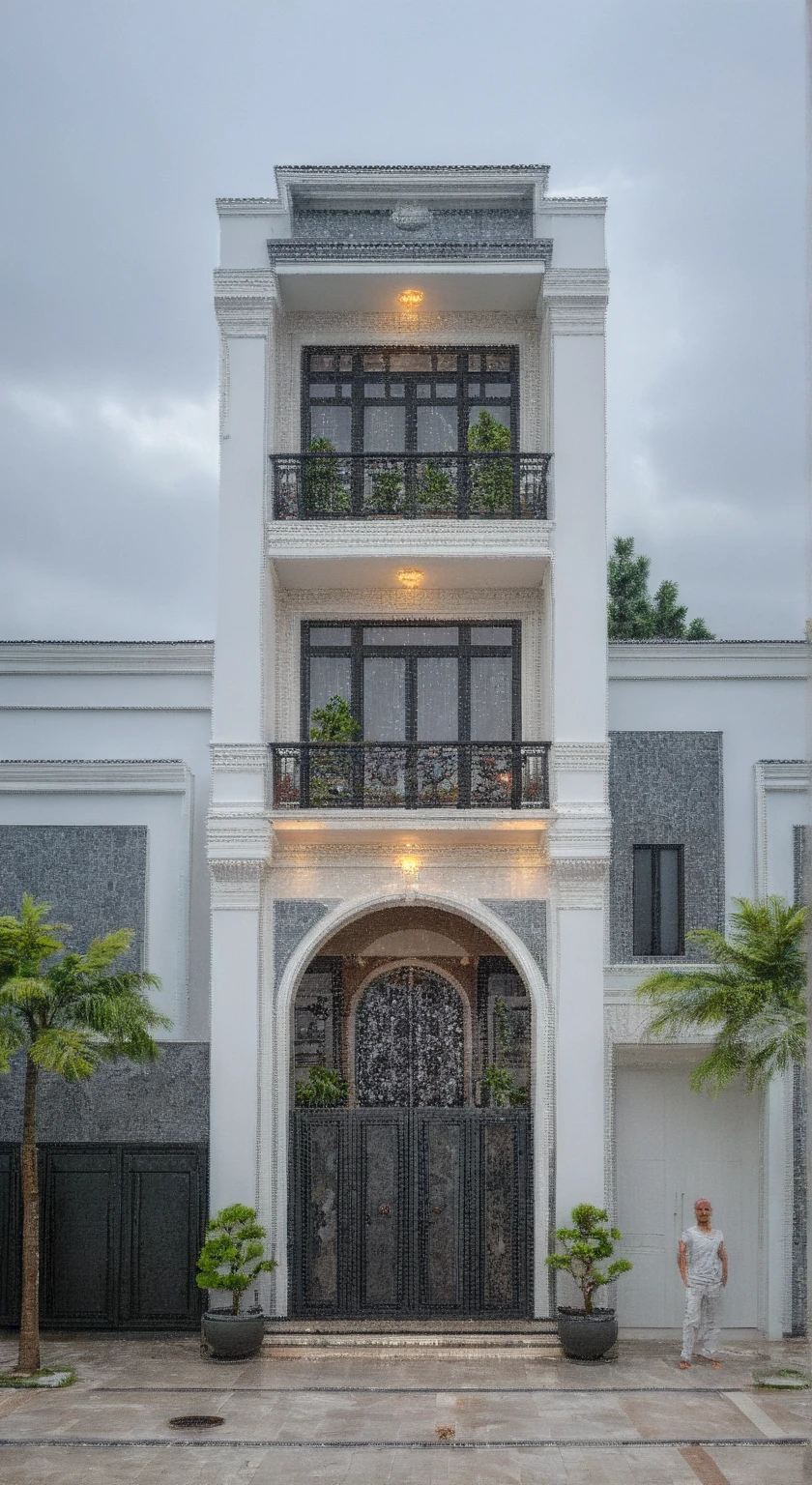 (bright image), A double story modern style house in the middle of Vietnam, (dark grnite tiled wall),(classic detail), simple and elegant architecture with white walls on top half and grey tiles roof, large windows with, entrance door is white with arched shape, bonsai trees, wide tile stone courtyard, professional photography, daylight, natural light, high resolution photography, (best quality, ultra realistic, masterpiece:1.15)