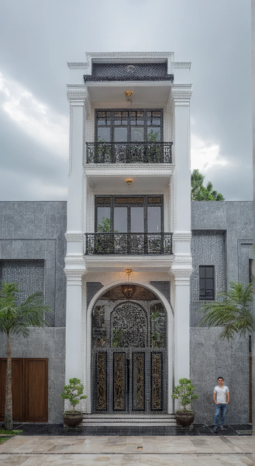 (bright image), A double story modern style house in the middle of Vietnam, (dark grnite tiled wall),(classic detail), simple and elegant architecture with white walls on top half and grey tiles roof, large windows with, entrance door is white with arched shape, bonsai trees, wide tile stone courtyard, professional photography, daylight, natural light, high resolution photography, (best quality, ultra realistic, masterpiece:1.15)