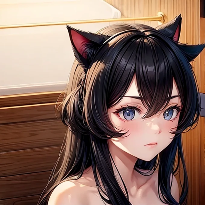 Black Hair　Cat ears　Being in the sauna