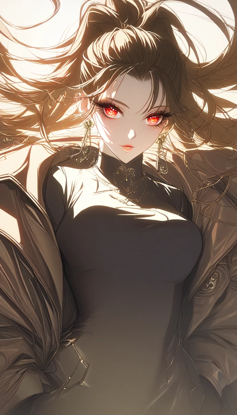 1girl, high ponytail, sunglasses, brown coat, dark turtleneck, small earrings, baggy jeans, plain background, 8k, highres, hyperdetailed, dramatic lighting, cinematic, elegant, beautiful detailed eyes, beautiful detailed lips, extremely detailed face, long eyelashes, fashion portrait, ft colors, pastel colors, warm tones, full body shot, whole body, mature female, black high heels, high heels, hutao, long hair, bangs, brown hair, red eyes, hair between eyes, twintails, sidelocks, symbol-shaped pupils, whole body shot