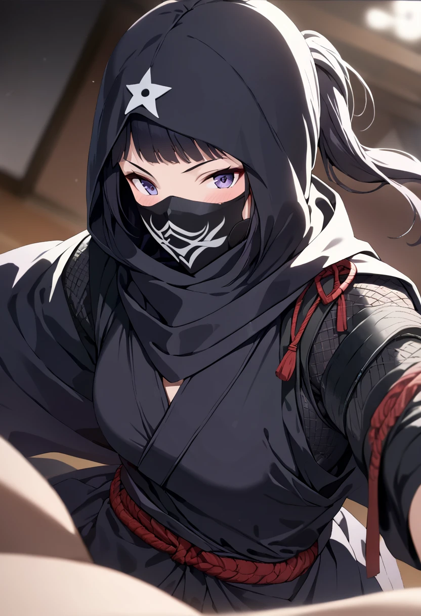 (((Best quality, 8k, Masterpiece: 1.3)), ((best quality)), ((masterpiece)), (detailed), perfect face, black hair, side ponytail, mouth veil, (ninja), female ninja, grim expression, holding a Japanese sword, running in the dark night, ninja costume