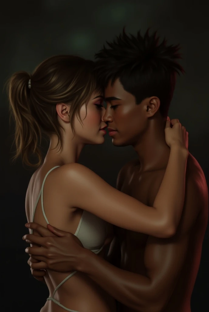 (Romantic Couple:1.2), (1 Dark-skinned girl:1.3), (1 White Boy with brown hair:1.3)