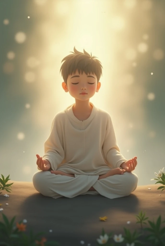 A boy meditating ,he dressed with orange pancha or cloth rounded , his background as parshuramin whole sky with evolving energies