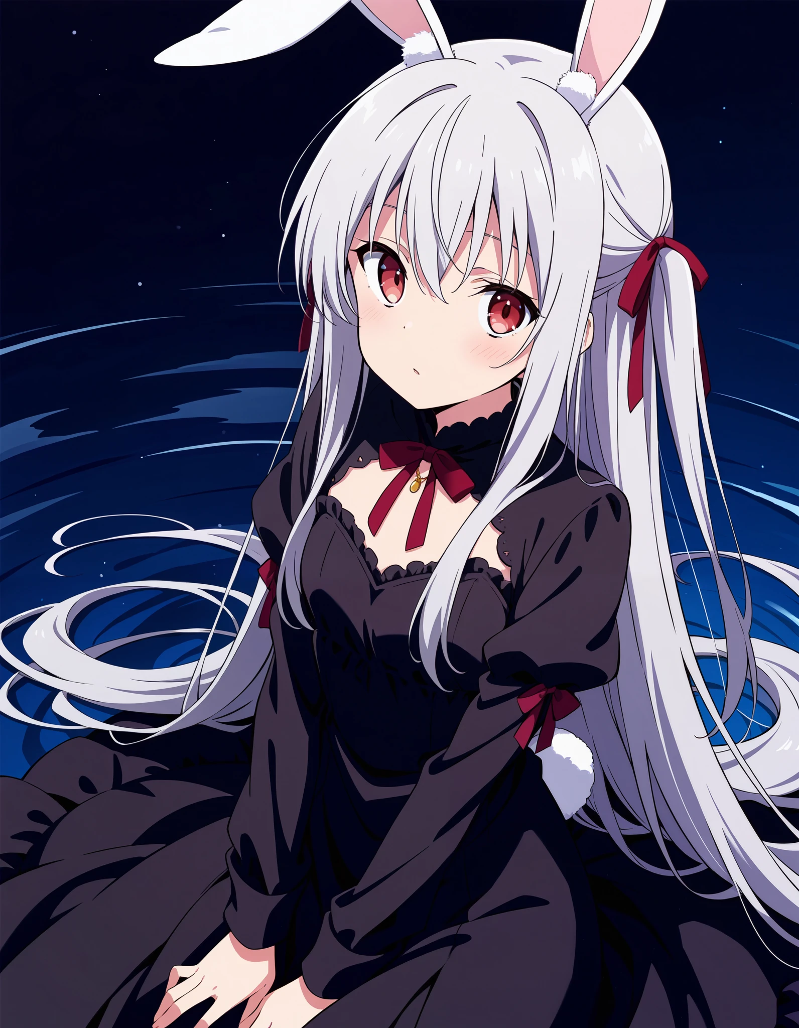 score_9,score_8_up,score_7_up, source_anime, solo, 1girl, silver hair, rabbit ears, red eyes, black dress