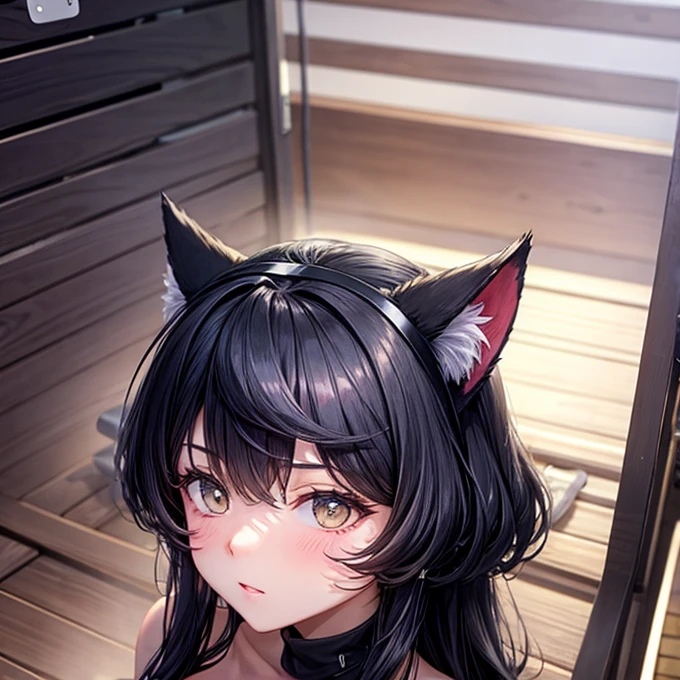 Black Hair　Cat ears　Being in the sauna　whole body