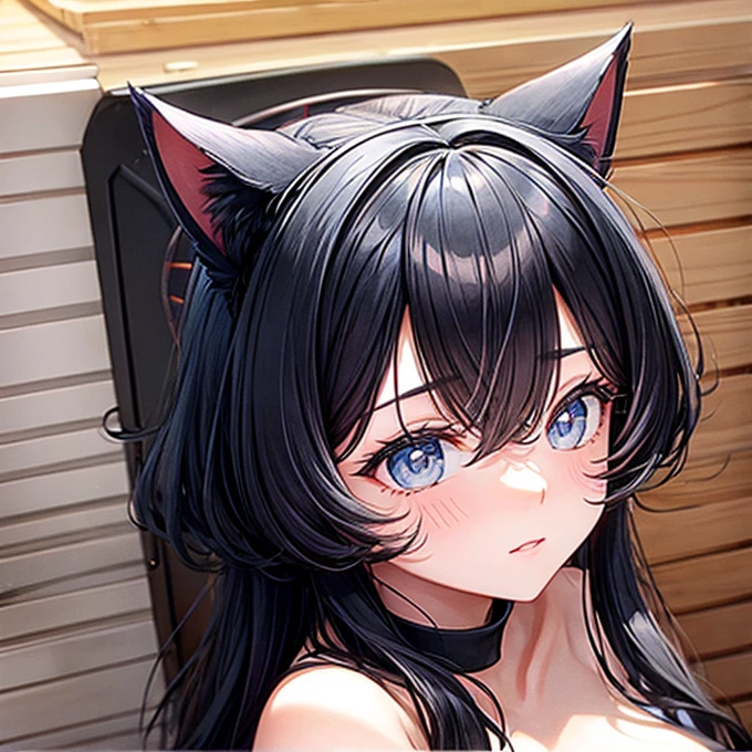 Black Hair　Cat ears　Being in the sauna　whole body