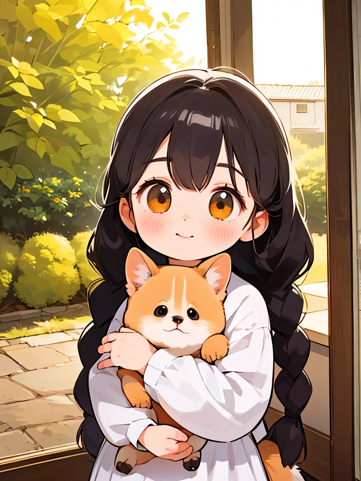 ( best quality ,4K,8k, Kampala , masterpiece:1.2), Very detailed , (distorted, Realistic, Realistic:1.3),and ,jeande fille mignonne,Very small size,Rire joyeusement, yeux brands , fluffy, black hair braids , White long sleeve dress ,, this dog is bigger than the girl ......,Ce chien est and Akita....,犬はfluffy, the dog hugs the girl , The girl {x} Autumn rural house and garden in the background,