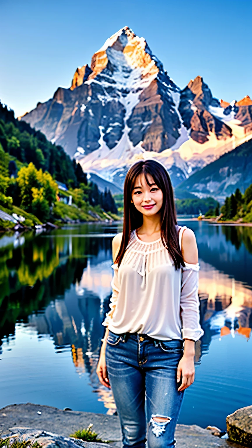 (absurdres, highres, ultra detailed, beautiful, masterpiece, best quality, )1 girl , half body shot,Mountains and steppe background、In front of a small hut、Sitting in a chair reading a letter、smile。