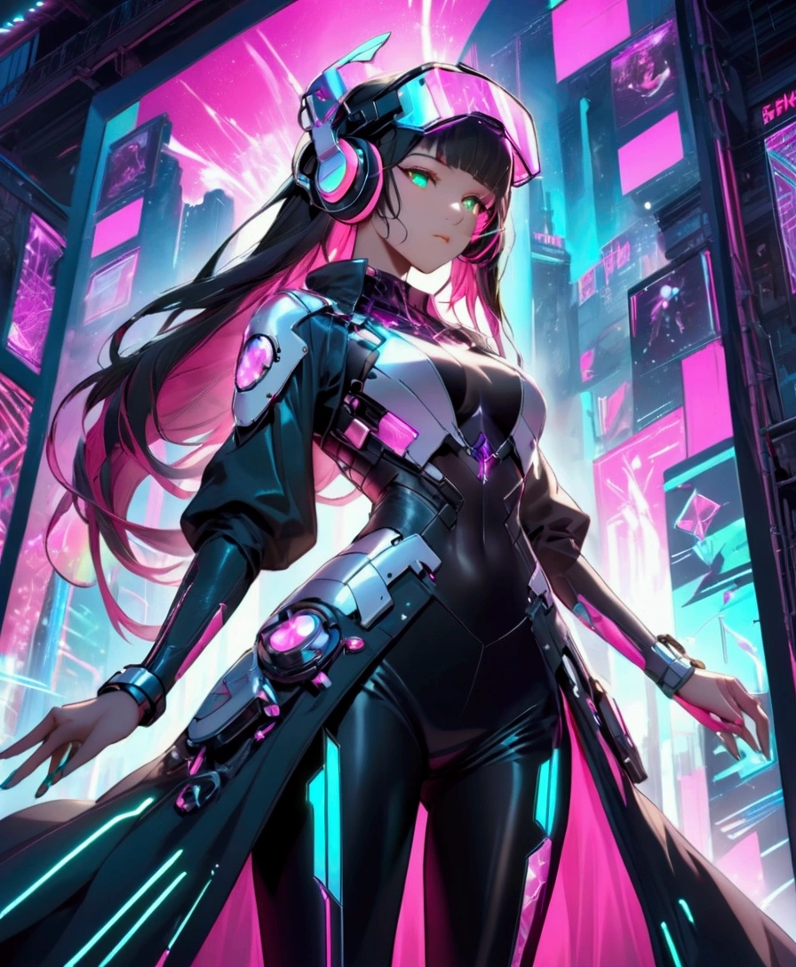 A stunning, ultra-high-resolution depiction of a futuristic, cyberpunk-themed virtual idol, designed with a perfect blend of neon-lit charisma and hyper-realistic digital detail. She stands confidently on a high-tech stage, surrounded by a maze of holographic billboards, electric wires, and glowing advertisements in vibrant shades of neon blue, magenta, and electric green. The polished, metallic surface of the stage reflects the chaotic brilliance of the lights, immersing the scene in a kaleidoscope of color. Her outfit is a striking, cybernetic ensemble: a sleek, form-fitting jacket with glowing circuit patterns, paired with high-tech leggings embedded with pulsing LED strips. Her boots are reinforced with metallic plating, flashing digital symbols with every step. Metallic shoulder pads, adorned with neon accents, frame her sharp, confident stance. Her long hair flows in a mesmerizing gradient from electric blue to hot pink, styled with glowing fiber-optic strands that pulse to the rhythm of her music. Her eyes, augmented with cybernetic implants, emit a digital glow, and her makeup features reflective chrome accents and a touch of neon glitter, adding a futuristic edge. Over her head are stylish, translucent visors with holographic displays, flashing data in real-time. A pair of cybernetic headphones, adorned with neon lights, rests on her head, pulsating with the beat of her song. The stage is alive with digital energy: holographic graffiti floats in the air, neon sparks flicker from exposed wires, and virtual koi fish swim through glowing streams of data. Massive holographic screens flash images of towering neon cityscapes and cascading binary code, synchronized with the pulsating electronic music. The sky above is dark and stormy, lit up by erratic flashes of neon lightning, casting sharp shadows and illuminating her figure in bursts of electric light.