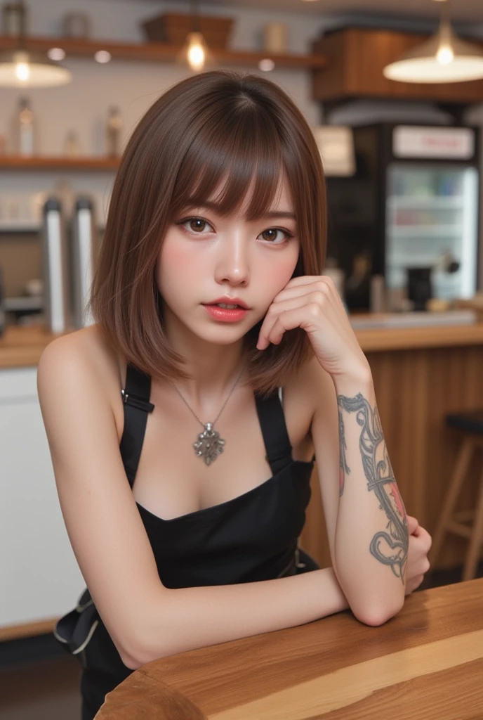 alchemypunkai, (masterpiece), best quality, realistic, expressive eyes, perfect face, beautiful waiters, tribal tattoo,wearing naked apron uniform, open chested uniform, deep cleavage, short red hair, from front, large-breasted, in restaurant, serving burger, facing at viewer, (crowd restaurant, peoples,burger,peoples in,many peoples,restaurant,coffee machine,coffee glass,crowd, tables, bottle, crowd), alchemypunkai,