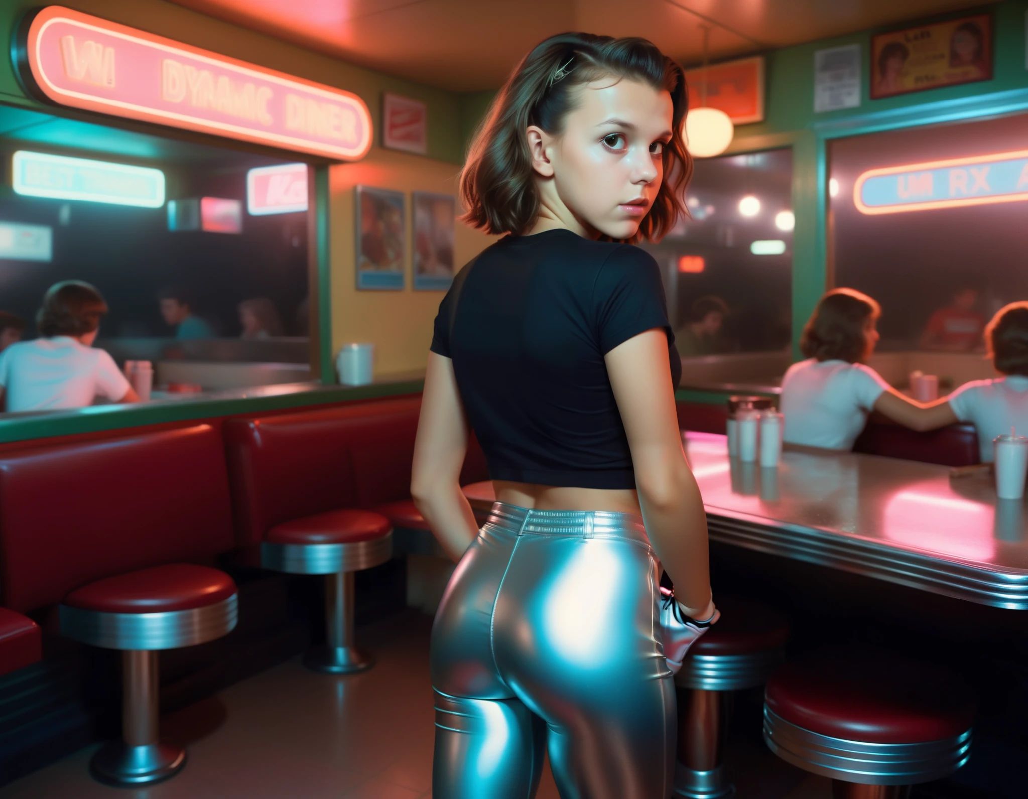 Millie Bobby Brown, , revealing tight plain t-shirt and tight shiny leggings, trainers, standing in a diner in the 1980s at night, (dynamic pose shown from behind, looking back at the viewer:1.2), medium shot:1.2, highres highly detailed best quality UHD RTX by Ilya Kuvshinov Tom Bagshaw WLOP