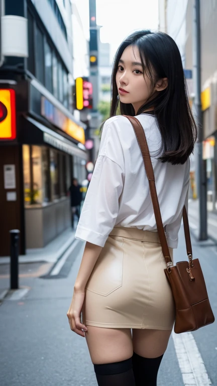 black hair, long hair, Accentuated big butt, black tight skirt, Panty lines are visible, White shirt, I'm carrying a light brown leather tote bag over my shoulder, Walking through the business district , Japanese woman, 28 years old,  surrealism, from behind, UHD, masterpiece, accurate, anatomically correct, textured skin, super detail,  highres icon