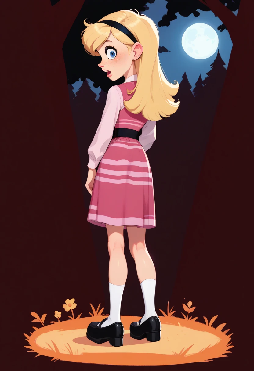 1girl, full body, solo, penny peterson, long hair, blue eyes, freckles, blonde hair, skirt, hairband, black hairband, white socks, dress, pink dress, long sleeves, mary janes, black mary janes, score_9,score_8_up,score_7_up,score_6_up,score_5_up, Yellow Dog Tail On Butt, Transformation, surprised, scared, looking at viewer:1.3), showing butt, backside, open mouth, full Moon, Outside, midnight, Woods