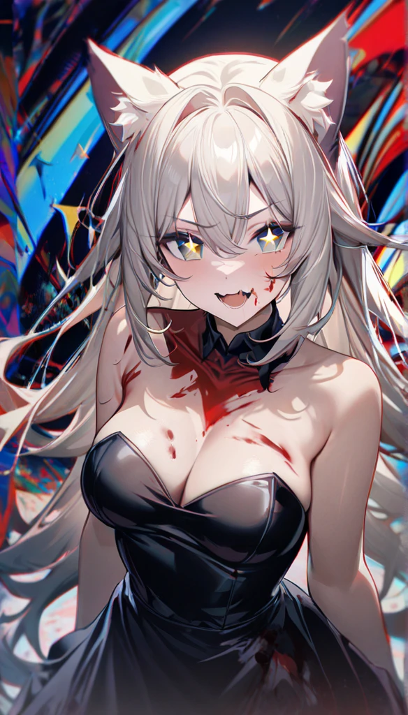 (masterpiece,  best quality), ((1 Girl, ( mature women ) Long hair), (Star-shaped pupil,  +_+, Symbolic shaped pupil ,  sparkling eyes), (Cat ears, Open your mouth)), ( and looks at the viewer ,  faint smile,  strapless), (Abstract, Multicolor background, Abstract background, Chromatic Aberration), vampire, Blood on the face, Blood on clothes, Bat Wings