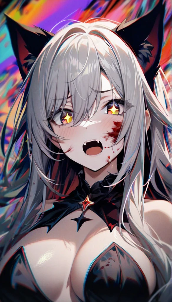 (masterpiece, best quality), ((1girl, (mature female) long hair), (star-shaped pupils, +_+, symbol-shaped pupils, sparkling eyes), (cat ears, open open mouth)), (looking at viewer, light smile, off shoulder), (abstract, multicolored background, abstract background, chromatic aberration), vampire, blood on face, blood on clothes, bat wings