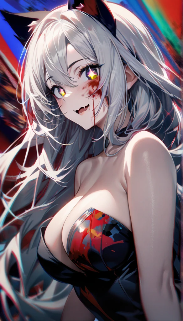 (masterpiece,  best quality), ((1 Girl, ( mature women ) Long hair), (Star-shaped pupil,  +_+, Symbolic shaped pupil ,  sparkling eyes), (Cat ears, Open your mouth)), ( and looks at the viewer ,  faint smile,  strapless), (Abstract, Multicolor background, Abstract background, Chromatic Aberration), vampire, Blood on the face, Blood on clothes, Bat Wings