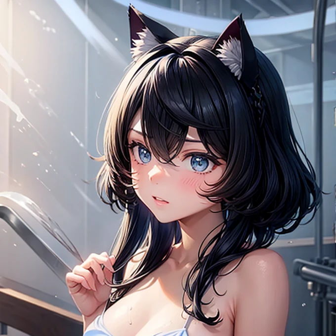 Black Hair　Cat ears　I'm in the steam room　whole body　bikini　 wrapped in a towel　Wooden wall