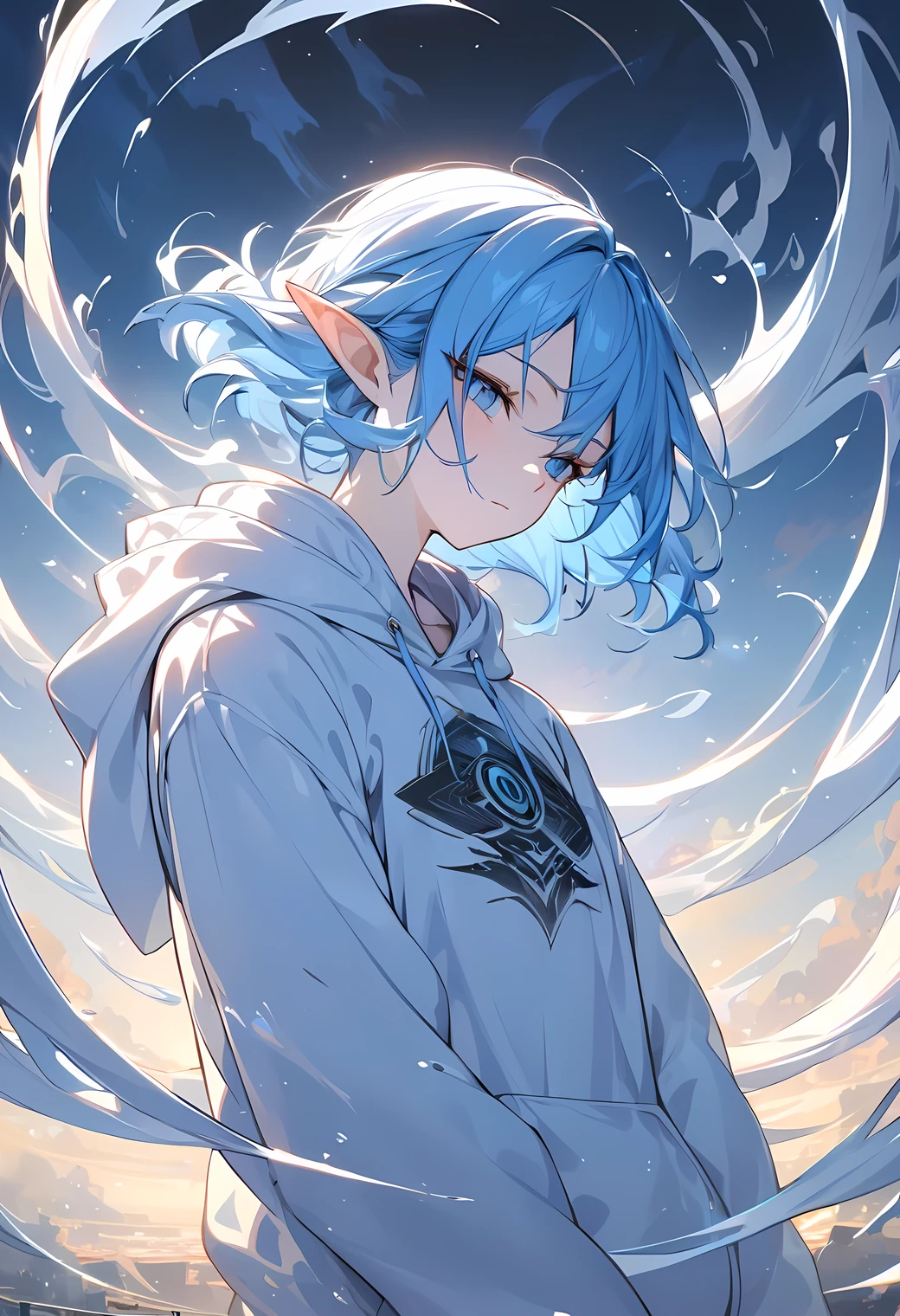 (((Best quality, 8k, Masterpiece: 1.3)), ((best quality)), ((masterpiece)), (detailed), perfect face, perfect body, (detailed skin:1.3), (intricate details), Psychic powers, psychokinesis, pale light, blue hair, hoodie, combed back hair, elf, pointy ears, modern, Tornadoes, strong winds, light at her fingertips