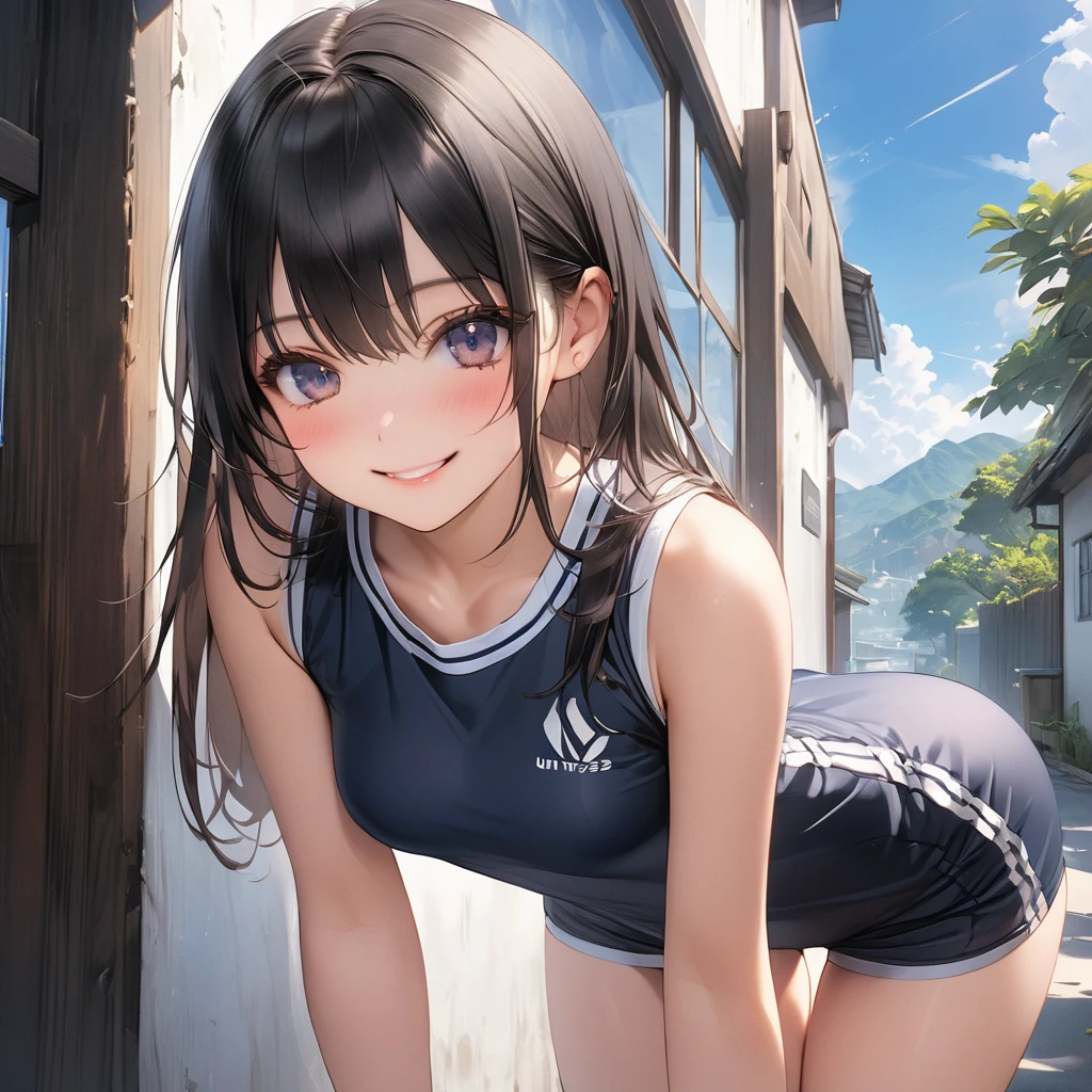 (realistic, photo realistic:1.2), ((highest quality)), beautiful face details, real human skin, pretty embarrassing, shimamura uzuki, school swim wear, frill,, under breasts, hair ornament, ribbon, hair ribbon, hairclip,, Cowboy Shot, sitting on speaker, knees raised, spread legs, Cute face, deadpan, Looking at Viewer, beach, tree, Flower, (sun lights), (crowd, audience:1.3), from below, (wind:1.2)