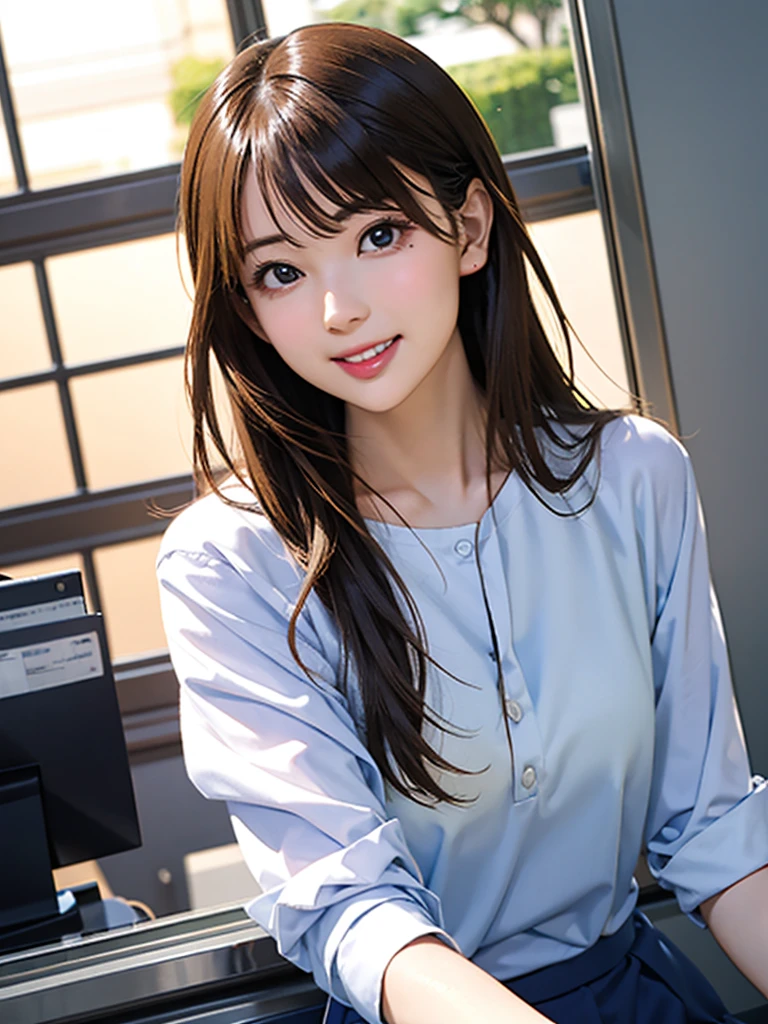 Japanese female, a lot of details, (underweight), 30 years old, detailed black hair, beautiful detailed hair, super fucking beautiful, delicate beautiful face, complex details beautiful and delicate eyes, perfect hands, (flat chest best quality:1.5), perfect and delicate limbs, detailed skin, best quality, ultra-detailed,(cheerful grin:1.5),
background photo, crouching, semi long, office lady,(light blue skirt, long sleeves, pantyhose, light blue jacket:1.1), dutch angle shot, side view, from below