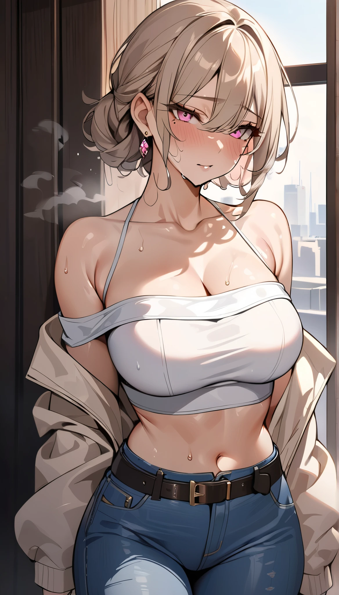 4K, masterpiece, Best Quality, (detailed face and eyes_1.4), detailed skin, Cowboy Shot, detailed, One girl, Mature Body, Nice Breasts, Alone, short beige Hair, Pink eyes, Mole under left eye, A small smile, steam coming out of mouth, off-shoulder jacket, white sports bra,belt jeans, shy lips, Seductive eyes, gold Earrings、((steam,sweat)),