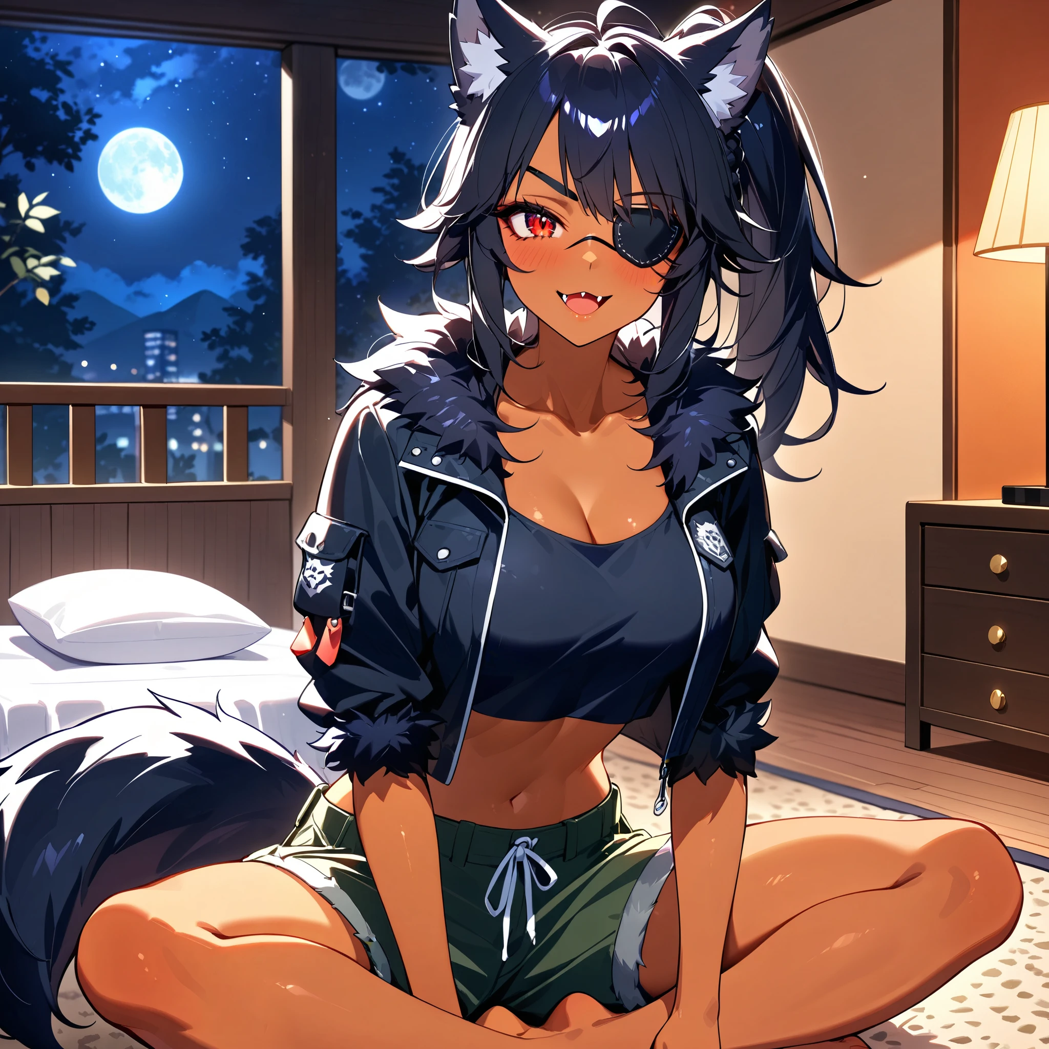 (very cute face), (wolf motif furry woman:1.2), (eyepatch:1.3), natural makeup, dark skin, blush, head tilt, half closed eyes, sharp eyes, fang, Beautiful mature furry woman, solo, red eyes, jet black hair, asymmetry bangs, short hair, shaggy hair, (side ponytail hair, braid:1.2), crop top, fur trimmed midriff jacket, cargo shorts, fingerless gloves, cowboy shot, midnight, night, fullmoon, indoors, sitting, Indian style, A small hotel, rug, bed, masterpiece, best quality, score_9, score_8, score_7 ultra detailed, intricate detailed, highly detailed skin
