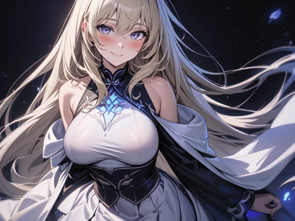 masterpiece,  best quality, Julia Fey ,  1 Girl,  alone, Long hair,  and looks at the viewer ,  blush,  Smile, Negative Space, ( bioluminescence :1.2),  darkness,  black background, Long sleeve, skirt,  Bare Shoulders ,  medium sized boobs, very Long hair, Wide sleeves, cape, white skirt, ring