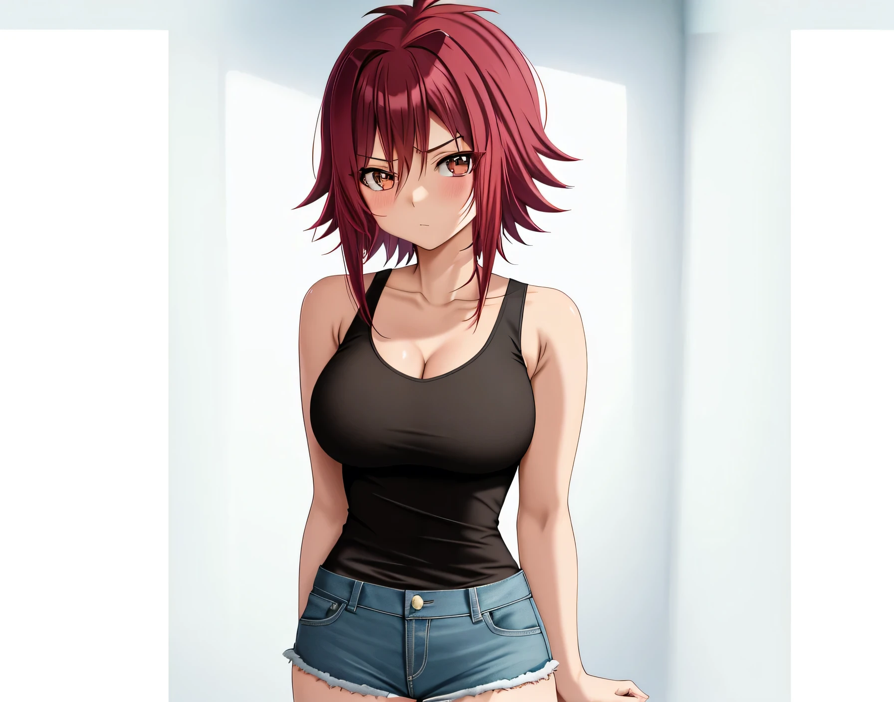  A woman from the anime Red Hair is standing, Brown woman ,  anime styleキャラクター, clothing: black tank top , A woman wearing denim shorts,  anime styleで, Big Breasts,  Anime Moe Art Style ,  Anime Style ,  high school girl,  adult sex appeal,  anime style, Muscular Woman, Short Hair,  red hair,  Teal Eyelids, In anime style,  and ,  Skin Tight Tank Top , Bare Arms, Bare shoulders, alone, looking at viewer, Female focus,  cowboy shots,