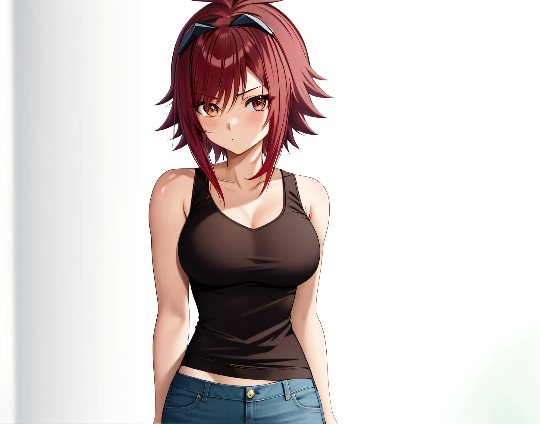  A woman from the anime Red Hair is standing, Brown woman ,  anime styleキャラクター, clothing: black tank top , A woman wearing denim shorts,  anime styleで, Big Breasts,  Anime Moe Art Style ,  Anime Style ,  high school girl,  adult sex appeal,  anime style, Muscular Woman, Short Hair,  red hair,  Teal Eyelids, In anime style,  and ,  Skin Tight Tank Top , Bare Arms, Bare shoulders, alone, looking at viewer, Female focus,  cowboy shots,