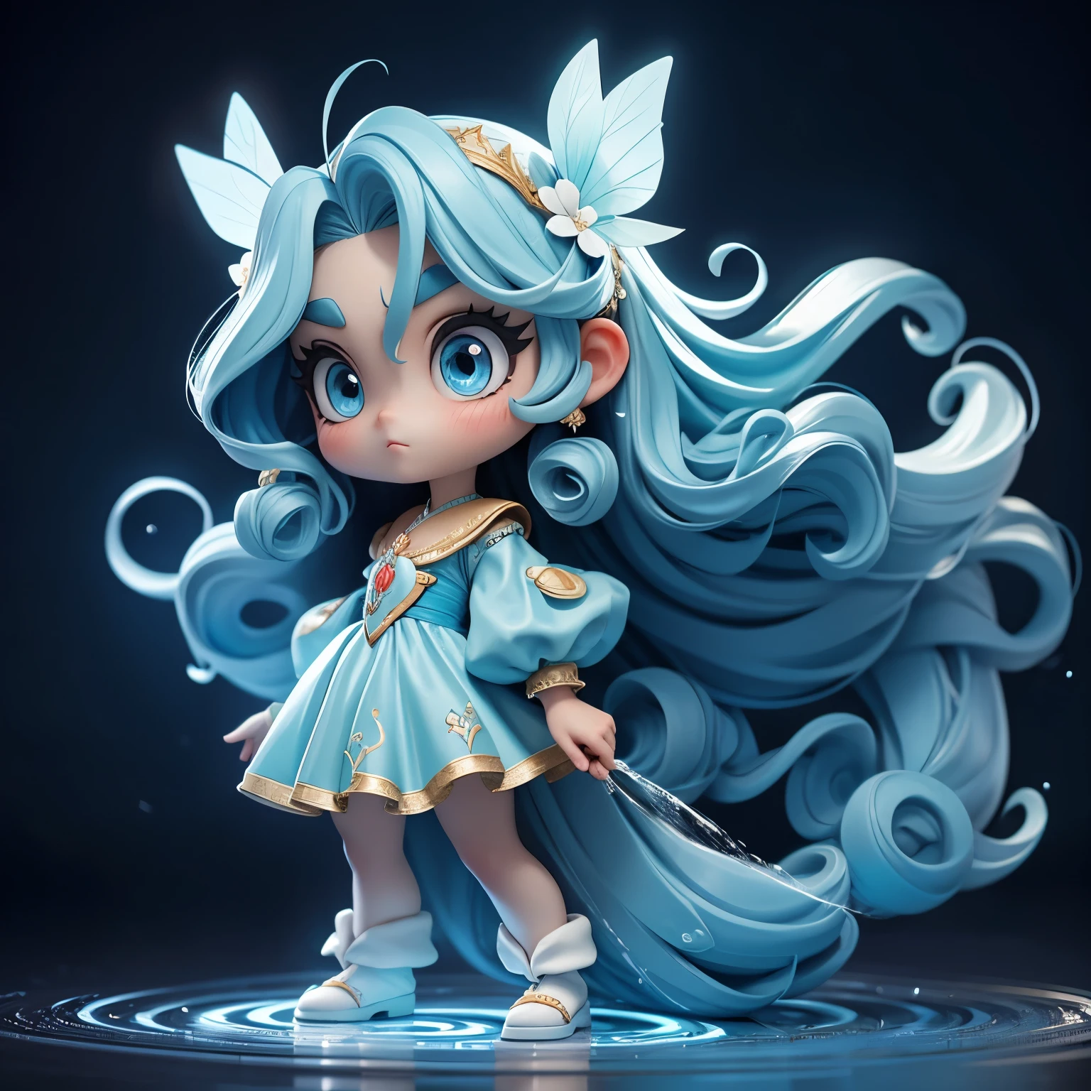 top quality, top quality, 16K quality, 1 girl, deformed, 2 heads, super thin eyebrows, double zit eyes, super realistic pretty girl, kind facial expression, fluttering one-piece outfit, light blue curly long hair, water attribute, flashy ornaments, standing on a stage with glowing magic circle, full body in the picture water cannon, background with splashes of water