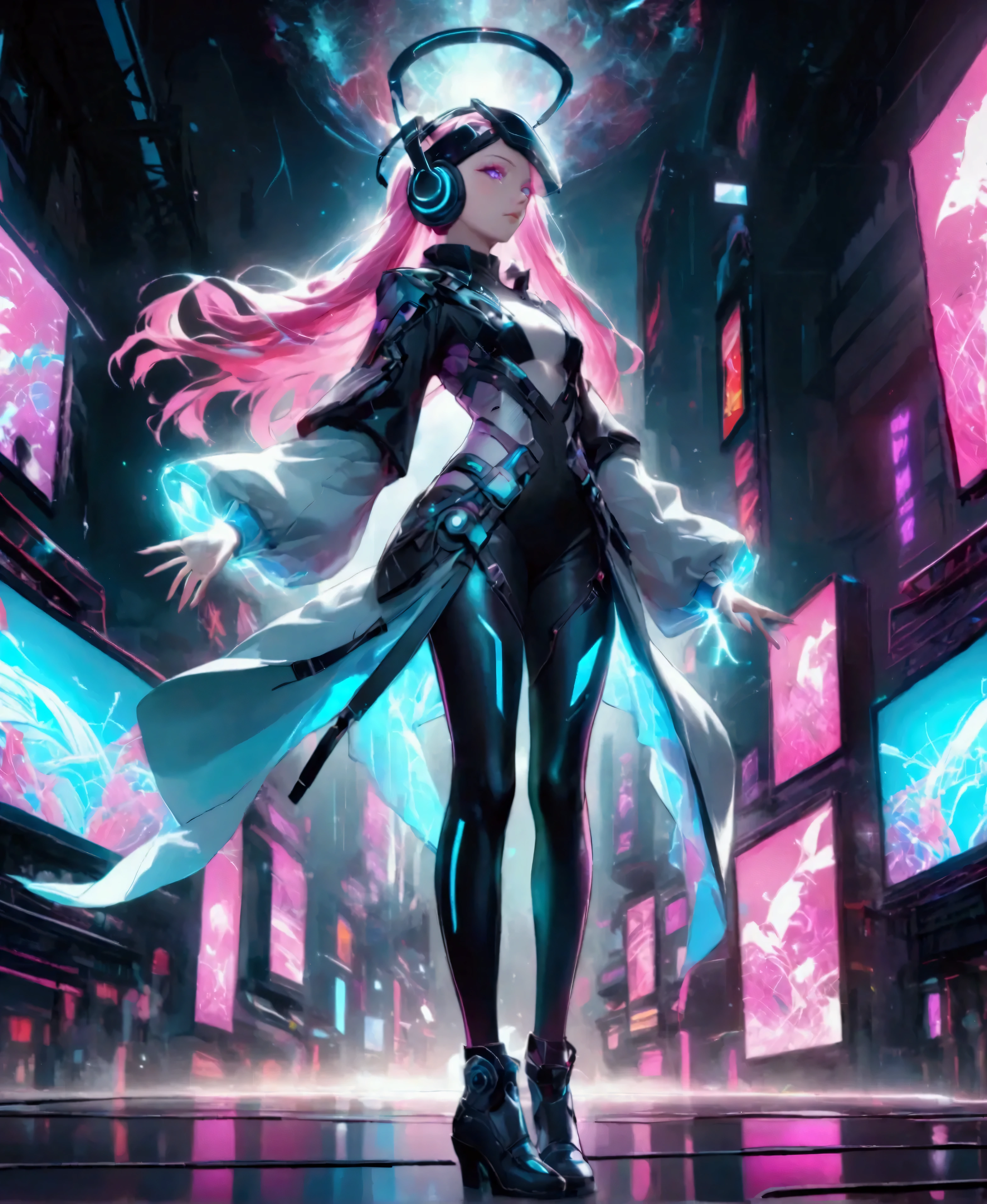 A stunning, ultra-high-resolution depiction of a futuristic, cyberpunk-themed virtual idol, designed with a perfect blend of neon-lit charisma and hyper-realistic digital detail. She stands confidently on a high-tech stage, surrounded by a maze of holographic billboards, electric wires, and glowing advertisements in vibrant shades of neon blue, magenta, and electric green. The polished, metallic surface of the stage reflects the chaotic brilliance of the lights, immersing the scene in a kaleidoscope of color. Her outfit is a striking, cybernetic ensemble: a sleek, form-fitting jacket with glowing circuit patterns, paired with high-tech leggings embedded with pulsing LED strips. Her boots are reinforced with metallic plating, flashing digital symbols with every step. Metallic shoulder pads, adorned with neon accents, frame her sharp, confident stance. Her long hair flows in a mesmerizing gradient from electric blue to hot pink, styled with glowing fiber-optic strands that pulse to the rhythm of her music. Her eyes, augmented with cybernetic implants, emit a digital glow, and her makeup features reflective chrome accents and a touch of neon glitter, adding a futuristic edge. Over her head are stylish, translucent visors with holographic displays, flashing data in real-time. A pair of cybernetic headphones, adorned with neon lights, rests on her head, pulsating with the beat of her song. The stage is alive with digital energy: holographic graffiti floats in the air, neon sparks flicker from exposed wires, and virtual koi fish swim through glowing streams of data. Massive holographic screens flash images of towering neon cityscapes and cascading binary code, synchronized with the pulsating electronic music. The sky above is dark and stormy, lit up by erratic flashes of neon lightning, casting sharp shadows and illuminating her figure in bursts of electric light.