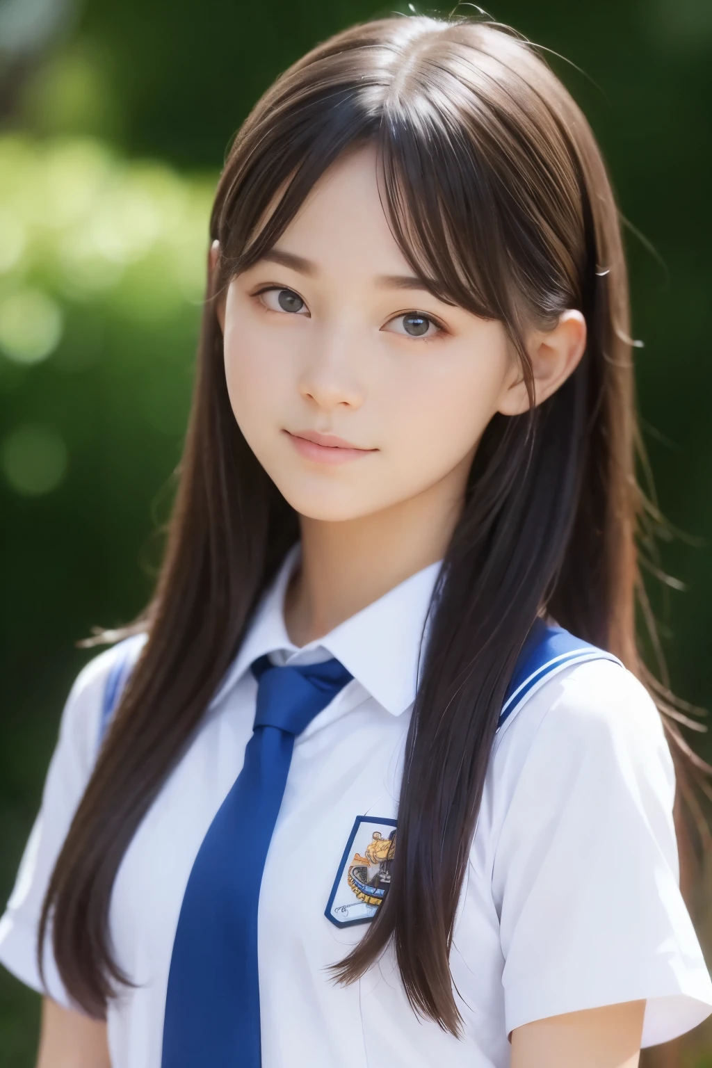 Beautiful schoolgirl in 8K in summer uniform with double eyelids is looking back