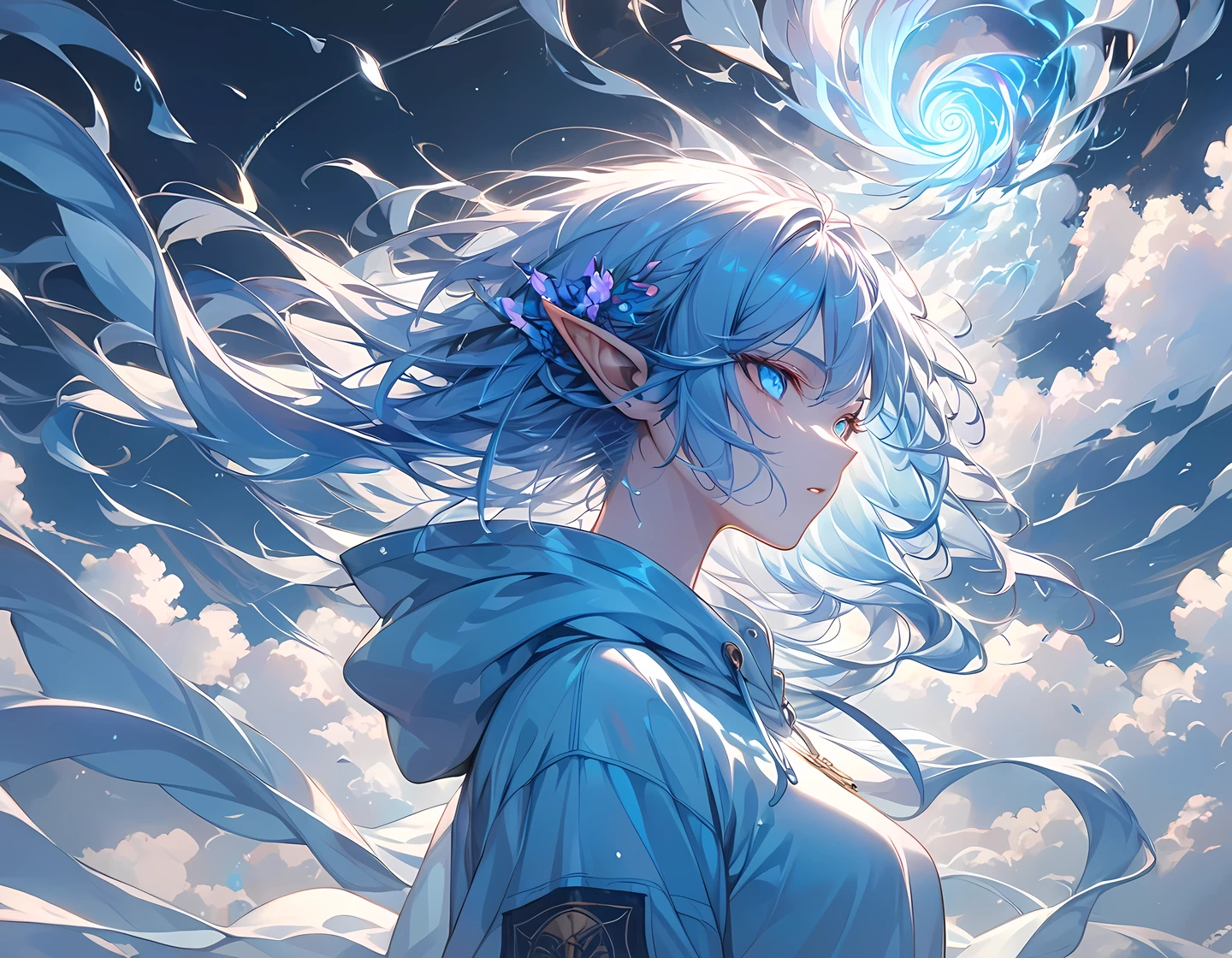 (((Best quality, 8k, Masterpiece: 1.3)), ((best quality)), ((masterpiece)), (detailed), perfect face, perfect body, (detailed skin:1.3), (intricate details), Psychic powers, psychokinesis, pale light, blue hair, hoodie, combed back hair, elf, pointy ears, modern, Tornadoes, strong winds, light at her fingertips