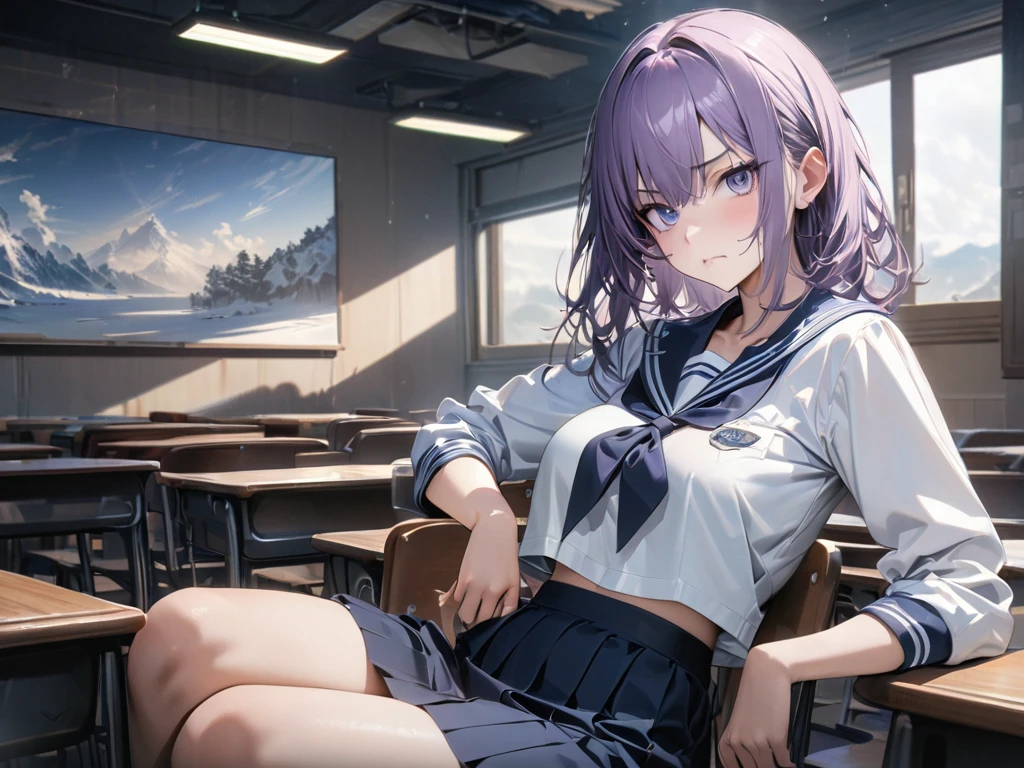  An eighteen-year-old young woman with long purple hair is sitting in a classroom in a sailor suit (School 1.5 ) ( serious expression , Cold 1.5) ( best quality: 1.1) (masterpiece: 1.3) with an unparalleled masterpiece, Hyper Reality 8k, Perfect painting ,  super detailed,  best quality, masterpiece 4K wallpaper aesthetics, masterpiece, Award-winning works,  Official Art ,  movie lights from the waist