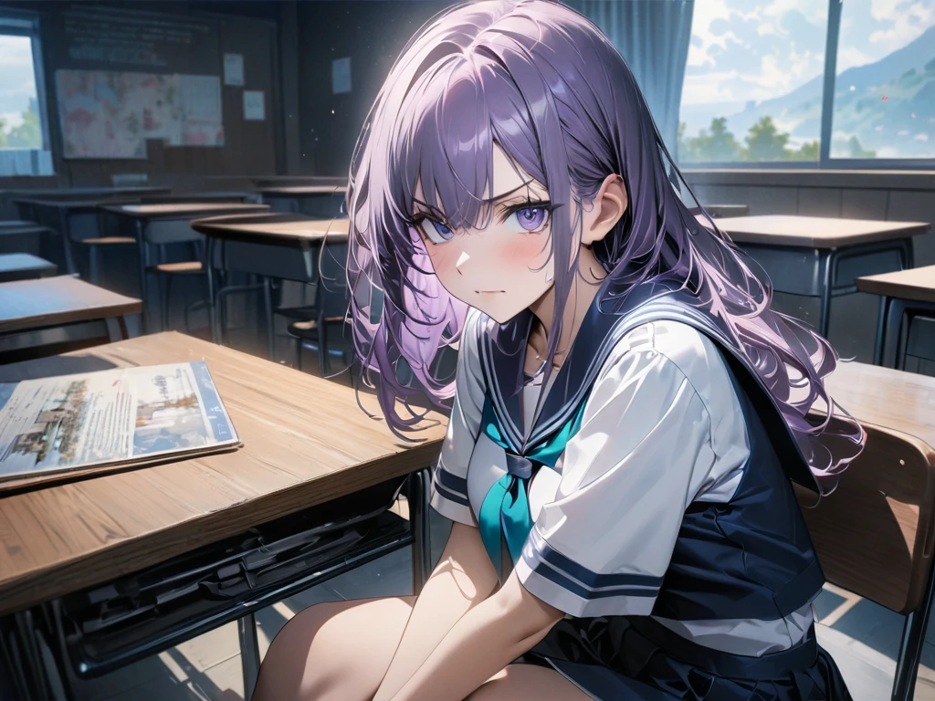  An eighteen-year-old young woman with long purple hair is sitting in a classroom in a sailor suit (School 1.5 ) ( serious expression , Cold 1.5) ( best quality: 1.1) (masterpiece: 1.3) with an unparalleled masterpiece, Hyper Reality 8k, Perfect painting ,  super detailed,  best quality, masterpiece 4K wallpaper aesthetics, masterpiece, Award-winning works,  Official Art ,  movie lights from the waist