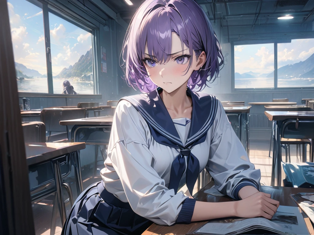  An eighteen-year-old young woman with long purple hair is sitting in a classroom in a sailor suit (School 1.5 ) ( serious expression , Cold 1.5) ( best quality: 1.1) (masterpiece: 1.3) with an unparalleled masterpiece, Hyper Reality 8k, Perfect painting ,  super detailed,  best quality, masterpiece 4K wallpaper aesthetics, masterpiece, Award-winning works,  Official Art ,  movie lights from the waist