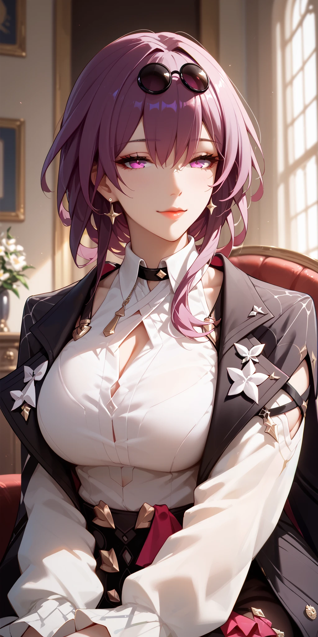 Score_9, Score_8_up, Score_7_up, Score_6_up, Score_5_up, Score_4_up, Source_anime, masterpiece, best quality, 1girl, purple hair, kafka hair, bangs, mature woman, perfecteyes, curvaceous, large breasts, white shirt, black jacket, soft light, kfka honkai star rail, ultra detailed, sitting elegantly, close-up, seductive face