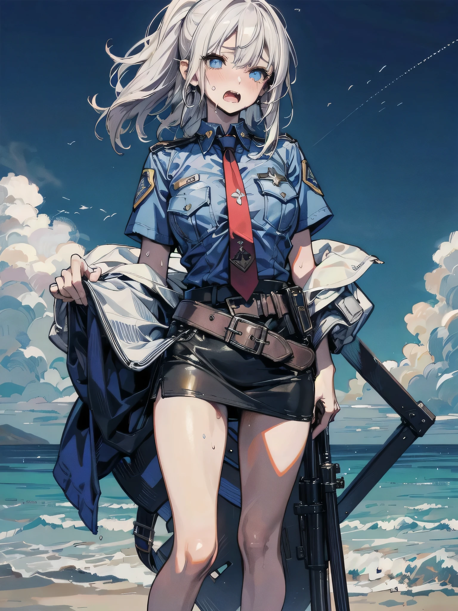   girl, nude , cloak, micro shorts ,,groin,((flat chest)),slender,long hair,(loli),white hair, battlefield
,gun