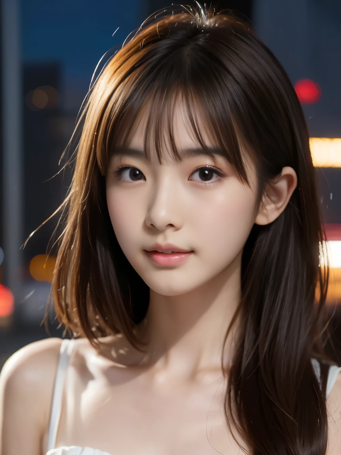 1 korean idol, (Raw photo, Best Quality), (Realistic, Photorealsitic:1.4), masutepiece, extremely delicate and beautiful, Extremely detailed, 8k wallpaper, amazing, finely detail, extremely detailed CG Unity, hight resolution, Soft light, Beautiful detailed 25 year old, extremely detailed eye and face, beautiful detailed nose, Beautiful detailed eyes,Cinematic lighting,city light at night,Slender,Smiling, (medium hair, hair messy, asymmetrical bangs, light brown hair)