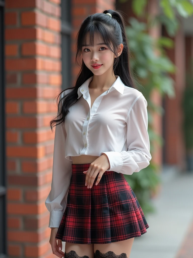 resolution, 1 girl, Watching the audience,Young beautiful Japanese woman, Super cute face, Gorgeous appearance, big breasts,Long Bob Hair,smile,(school uniform:1.3),Beautiful Eyes,(It&#39;s windy:1.3), 混雑した道をsmileで歩く,Glossy lips, Double eyelids on both eyes, Natural Makeup, Long eyelashes, 艶やかで滑らかなライトブラウンのLong Bob Hair, Asymmetrical bangs, Glowing Skin, Center image, 高resolution, High Detail, Detailed hairstyle, Detailed face, Great cinema lighting, Octane Rendering, Vibrant, Surreal, Perfect limbs, Perfect Anatomy, Spreading hair、Slender beauty:1.4、((Saggy breasts:1.4))、Chest exposed、Slim Abs、Curved Waist、(smile:1.2) 、(Pleated mini skirt、Tuck up the hem of your skirt:1.2))、Slender and long beautiful legs、Open your feet wide、(Sheer black stockings:1.2)、(Lace panties:1.2、Beautiful pussy exposed、Open up、pussy creampie、pubic hair:1.1)、(From below:1.2)、Backlight、