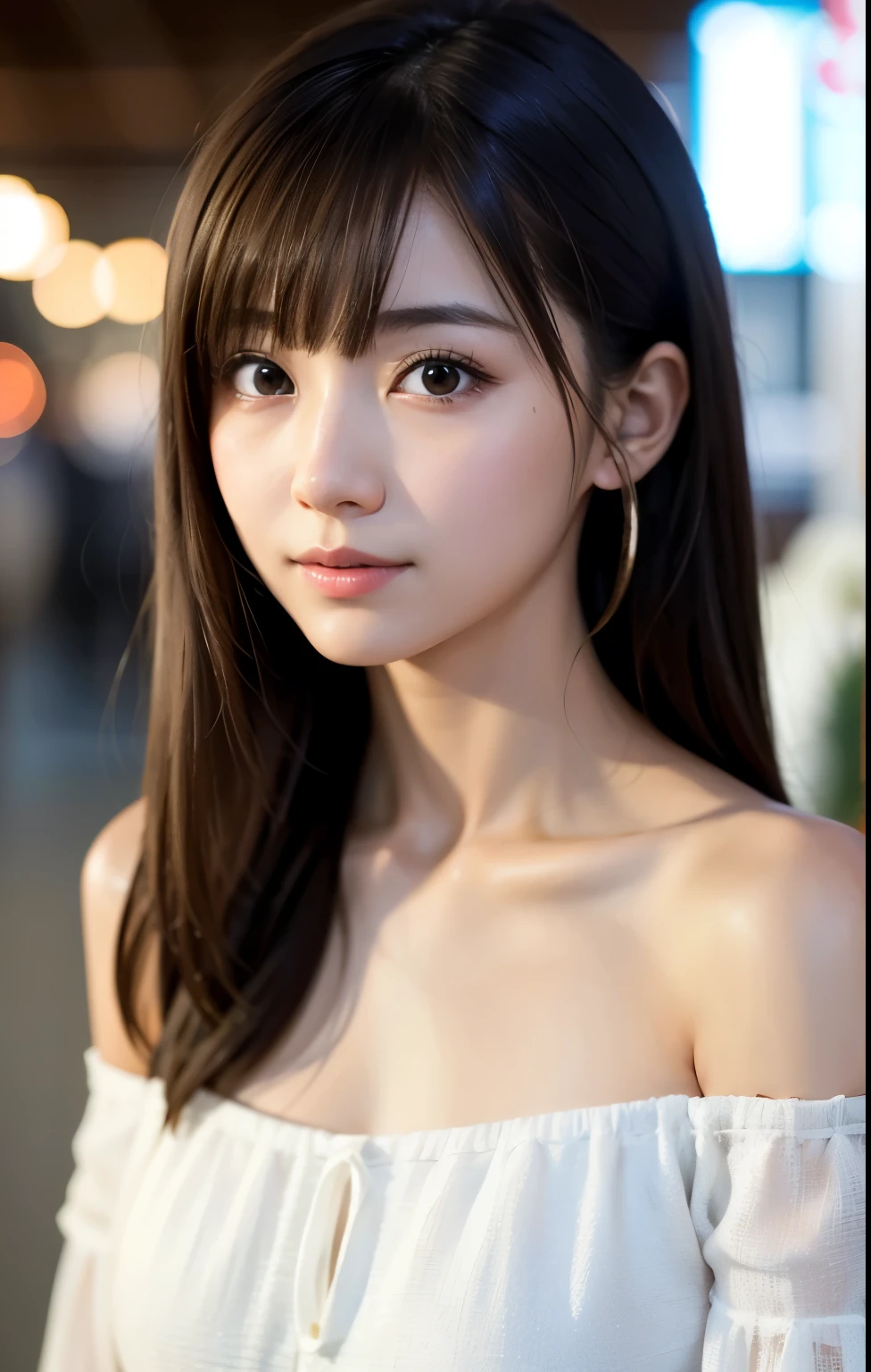 (((partedbangs、Medium hair))), top-quality, 8k, HDR, Hi-Res, more absurd:1.2, blurry backround, bokeh dof:1.2, a picture, (RAW Photography:1.2), (Photorealistic:1.4), (​masterpiece:1.3), (intricate detailes:1.2), 1girl in, solo, Japan Girl, Delicate and beautiful details, (A detailed eye), (detailed facial features), Petite, (((tiny chest))), tight skin, ((looking_at_viewer)), from_front, (skiny), (top-quality:1.4), (超A high resolution:1.2), cinematric light, (Extremely detailed illustrations)、(lipgloss、top-quality、超A high resolution、depth of fields、Caustics、Broadlighting、Natural Shading、85mm、f / 1.4、ISO 200、1 / 160 seconds:0.75)、(((White off-the-shoulder dress)))、